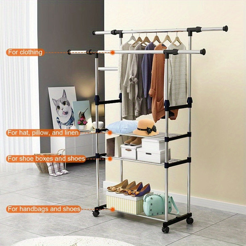 Extendable Garment Hanging Rack with Rolling Wheels - Clothing Rail & Shoe Organizer, Holds up to 77 lbs