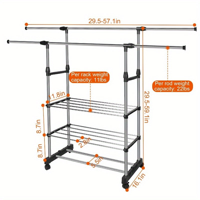 Extendable Garment Hanging Rack with Rolling Wheels - Clothing Rail & Shoe Organizer, Holds up to 77 lbs