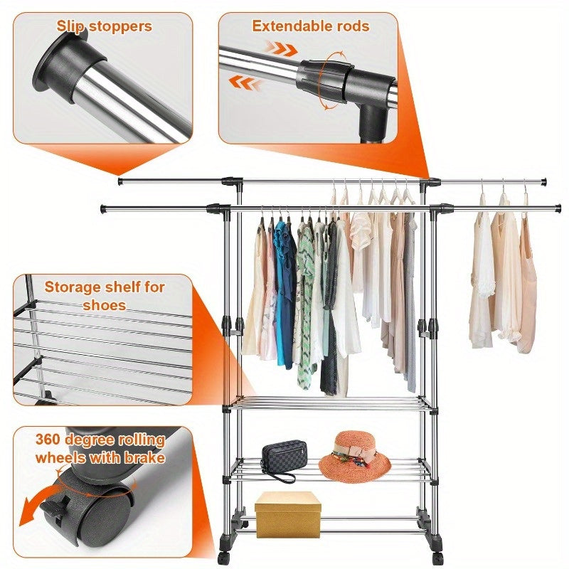 Extendable Garment Hanging Rack with Rolling Wheels - Clothing Rail & Shoe Organizer, Holds up to 77 lbs