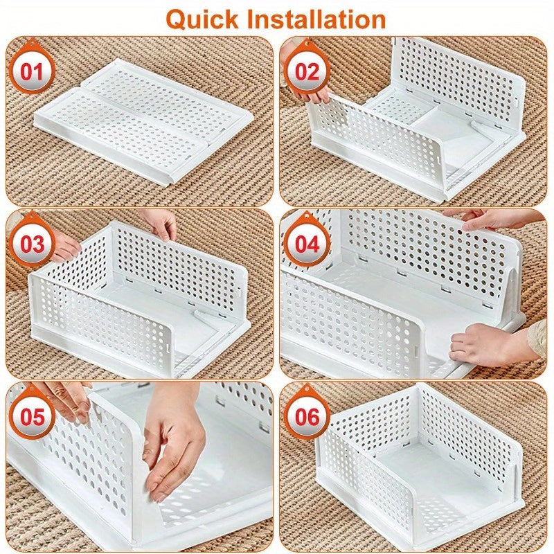 4-Pack Foldable Plastic Storage Bins with Slide Rail - Stackable Closet Organizer & Push-Pull Storage Basket for Living Room, Bedroom, Wardrobe - White