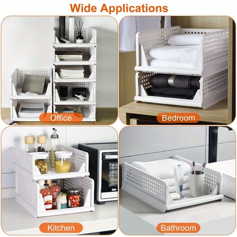 4-Pack Foldable Plastic Storage Bins with Slide Rail - Stackable Closet Organizer & Push-Pull Storage Basket for Living Room, Bedroom, Wardrobe - White