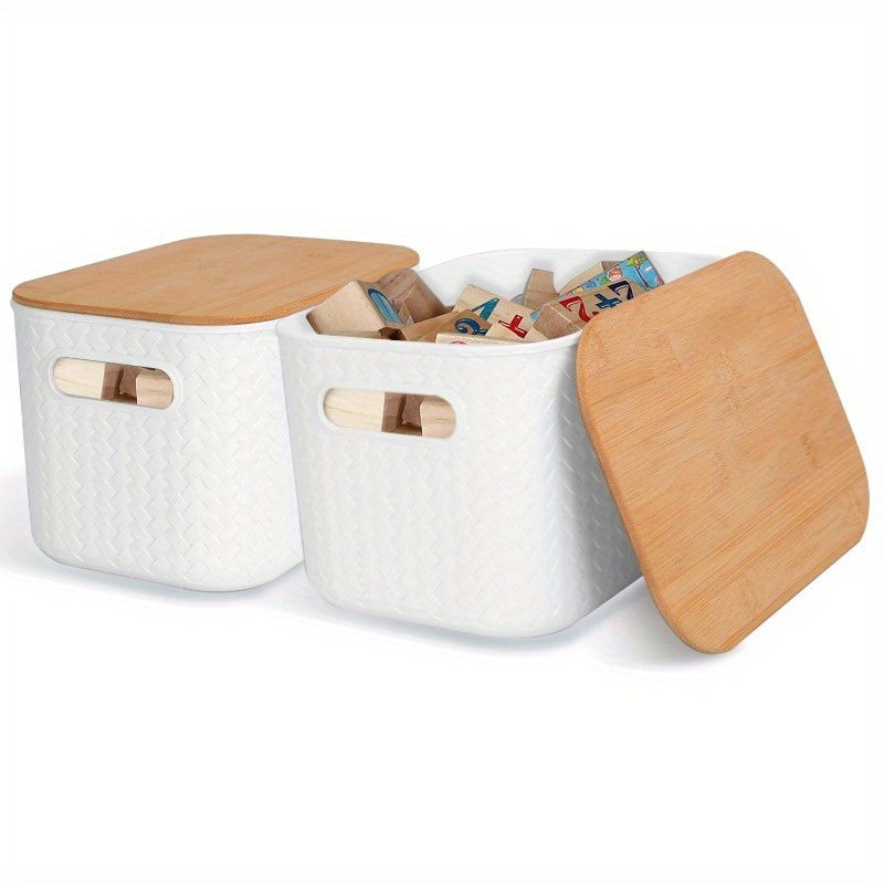 2-Piece Stackable Storage Bins with Bamboo Lids - Plastic Containers with Handles for Bedroom, Kitchen, Shelf, and Closet Organization