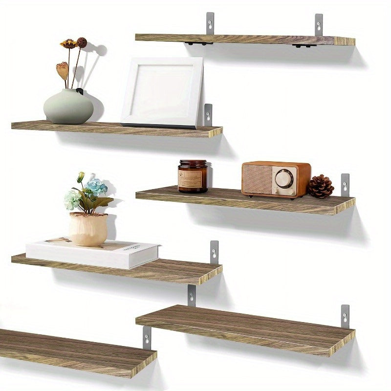 6 Sets Floating Wall Shelves - 15.55x5.19 Inch Wood Storage with Metal Brackets, Hanging Display Shelves for Living Room, Bathroom, and Kitchen Decor