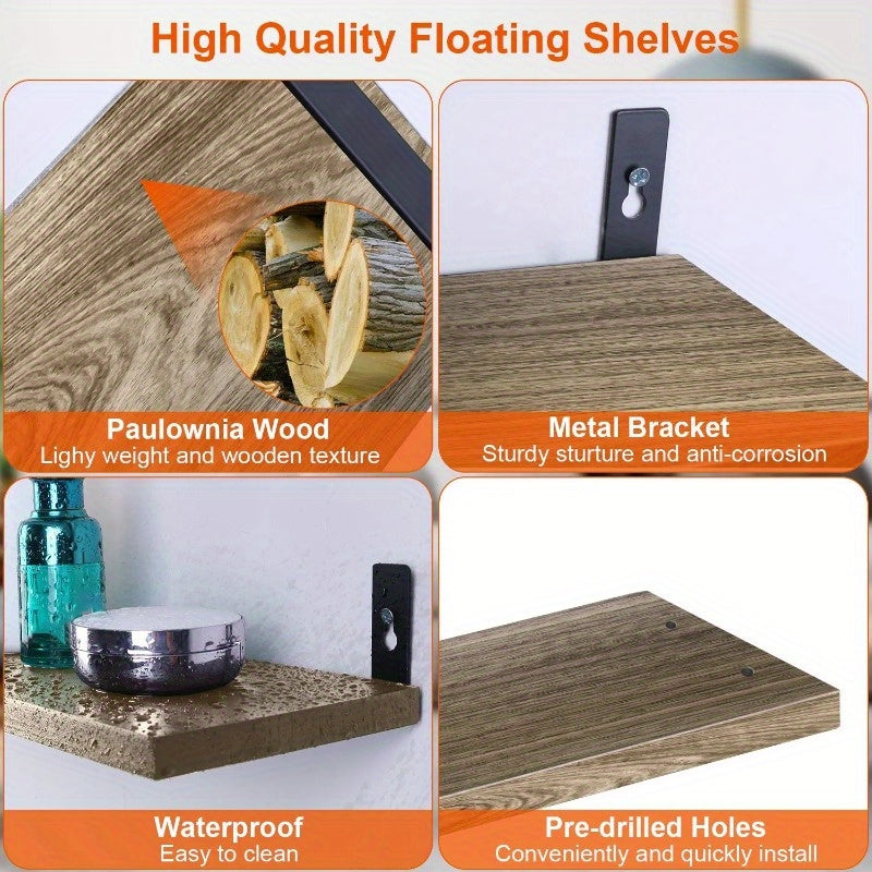 6 Sets Floating Wall Shelves - 15.55x5.19 Inch Wood Storage with Metal Brackets, Hanging Display Shelves for Living Room, Bathroom, and Kitchen Decor