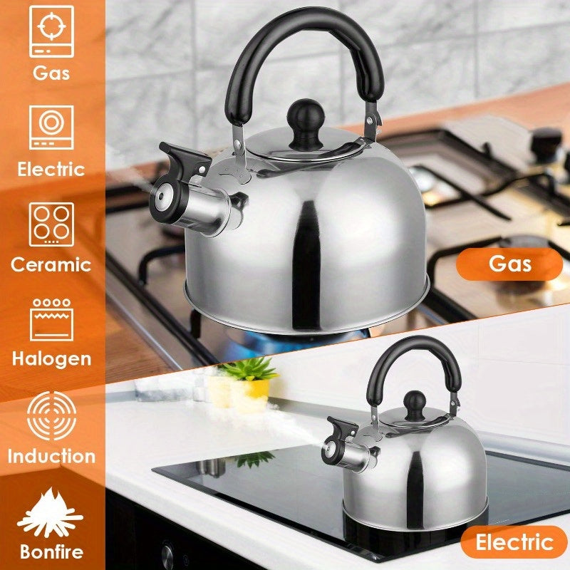 2.1-Quart Stainless Steel Whistling Tea Kettle - Stovetop & Induction Gas Teapot with Insulated Handle for Camping, Kitchen, Office