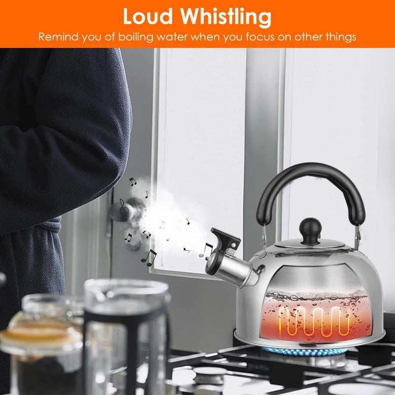 2.1-Quart Stainless Steel Whistling Tea Kettle - Stovetop & Induction Gas Teapot with Insulated Handle for Camping, Kitchen, Office