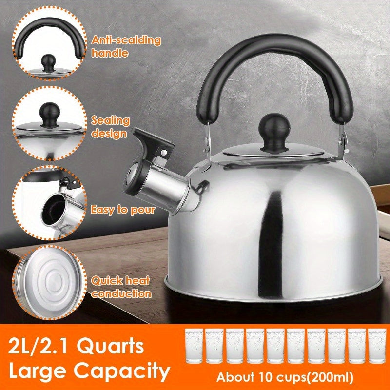 2.1-Quart Stainless Steel Whistling Tea Kettle - Stovetop & Induction Gas Teapot with Insulated Handle for Camping, Kitchen, Office