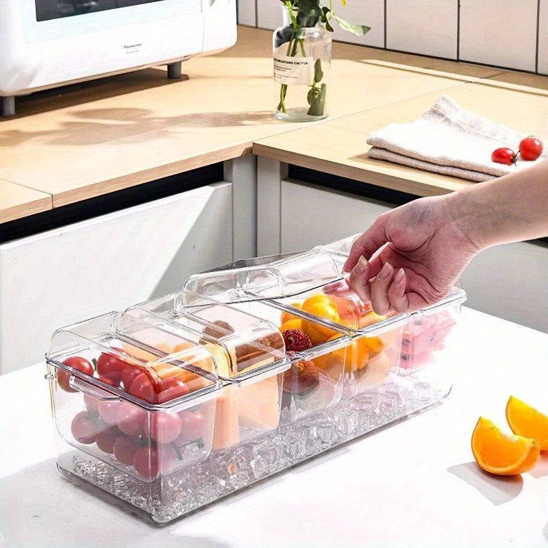 Ice Chilled Condiment Caddy Serving Tray Container Bar Garnish Holder Salad Platter Server Food Storage with 5 Removable Containers 5 Lids 2 Tongs 5 Sporks