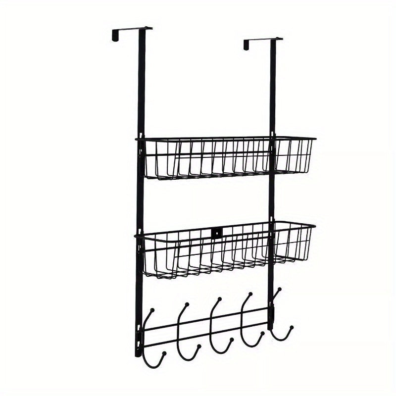 Over The Door Hooks Organizer Door Towel Rack Hanger 5 Hooks with 2 Metal Baskets for Bathroom Bedroom Kitchen Storage Shelf