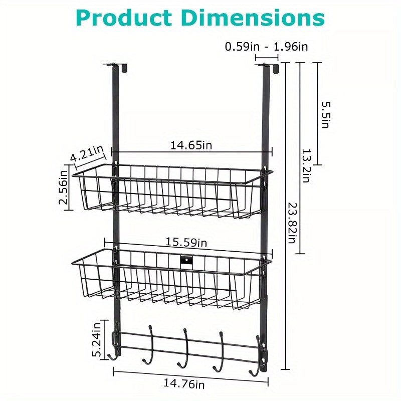 Over The Door Hooks Organizer Door Towel Rack Hanger 5 Hooks with 2 Metal Baskets for Bathroom Bedroom Kitchen Storage Shelf