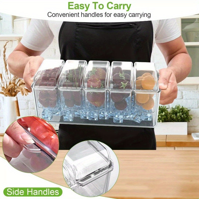 Ice Chilled Condiment Caddy Serving Tray Container Bar Garnish Holder Salad Platter Server Food Storage with 5 Removable Containers 5 Lids 2 Tongs 5 Sporks