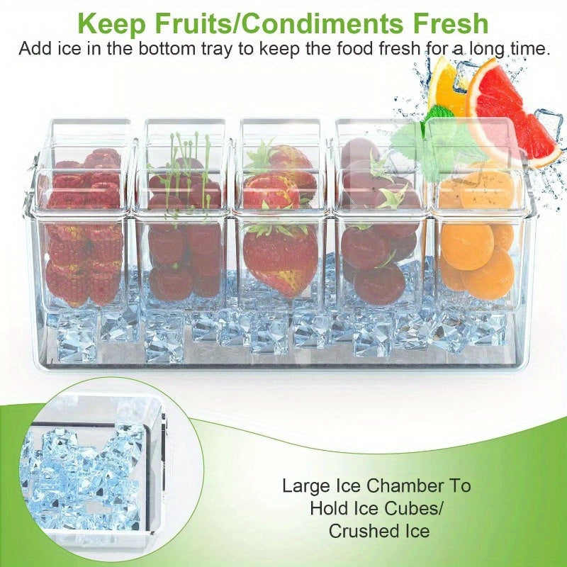 Ice Chilled Condiment Caddy Serving Tray Container Bar Garnish Holder Salad Platter Server Food Storage with 5 Removable Containers 5 Lids 2 Tongs 5 Sporks