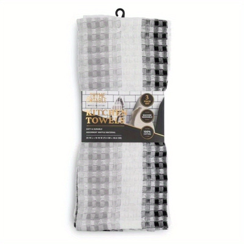 Thyme & Table Cotton Waffle Kitchen Towels, Black White, 3-Piece Set