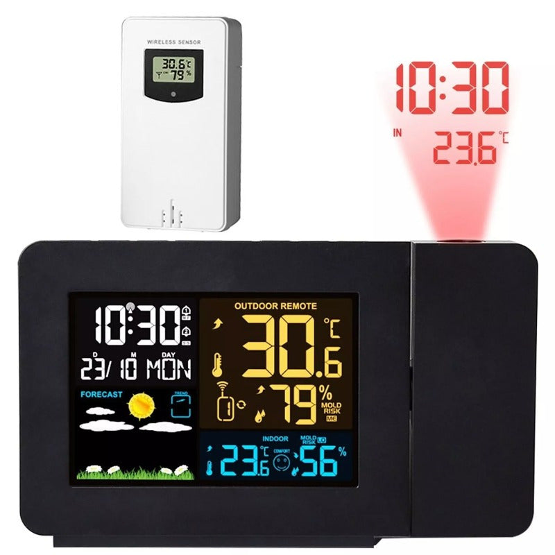 Atomic Projection Alarm Clock Radio Control Clock with WWVB Function Weather Station Dual Alarms Snooze Outdoor Wireless Temperature Humidity Sensor