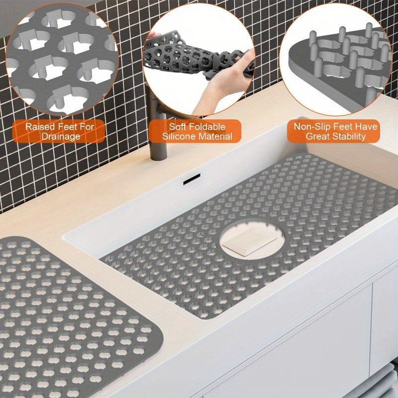 Large Silicone Sink Mat with Central Drain Hole - Non-Slip Grid Protector for Kitchen Sinks