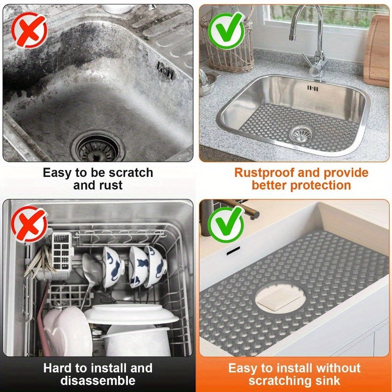 Large Silicone Sink Mat with Central Drain Hole - Non-Slip Grid Protector for Kitchen Sinks