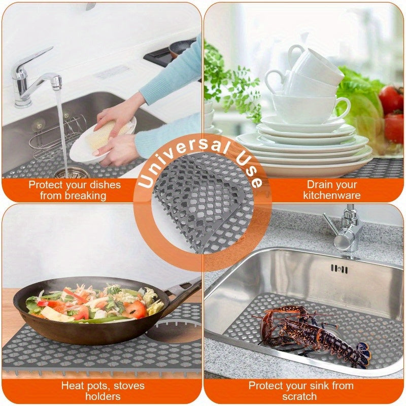 Large Silicone Sink Mat with Central Drain Hole - Non-Slip Grid Protector for Kitchen Sinks