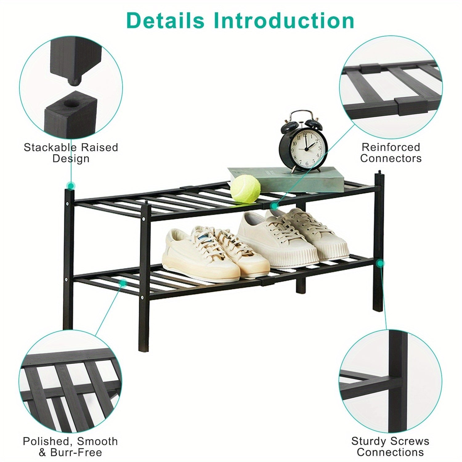 2-Tier Stackable Bamboo Shoe Rack - Freestanding Shoe Storage Organizer for Entryway, Closet, Bedroom, and Bathroom