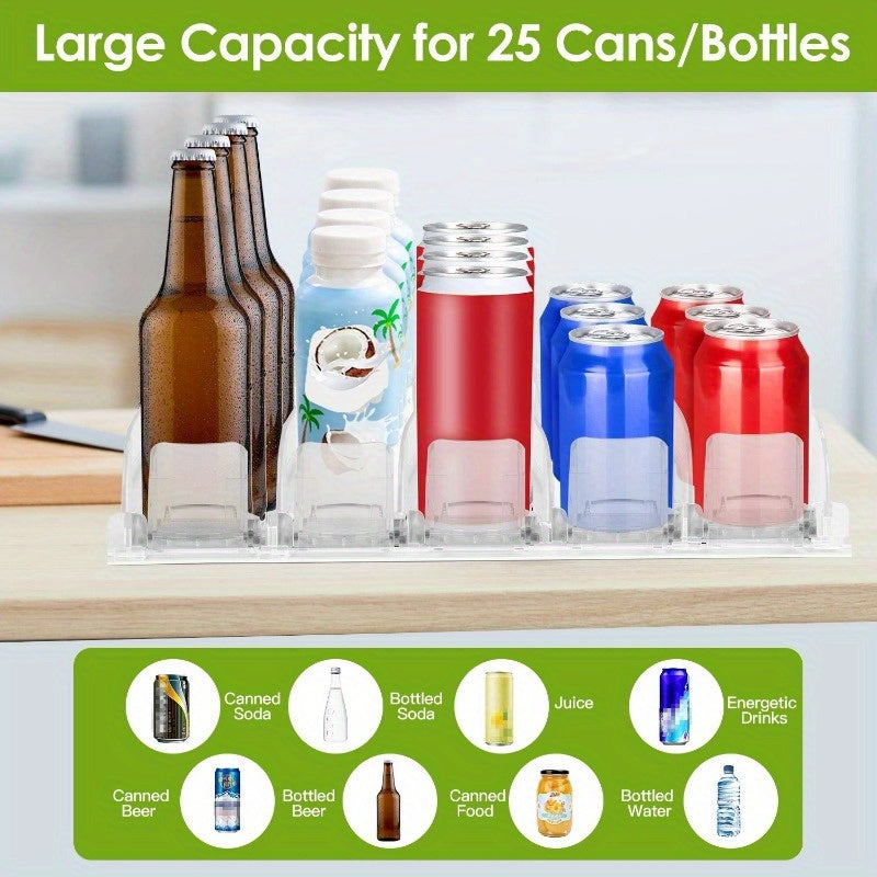 Adjustable Drink Organizer for Fridge - Spring-Loaded Beverage Dispenser with Automatic Pusher, Holds 25 Cans/Bottles in 5 Rows