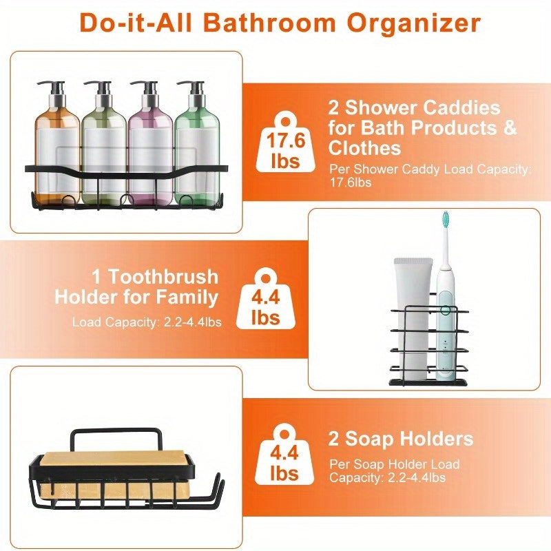 5 Pack Rustproof Shower Caddy Shelves - Wall-Mounted Bathroom Organizer with 18 Hooks for Shampoo, Toothbrush, Soap