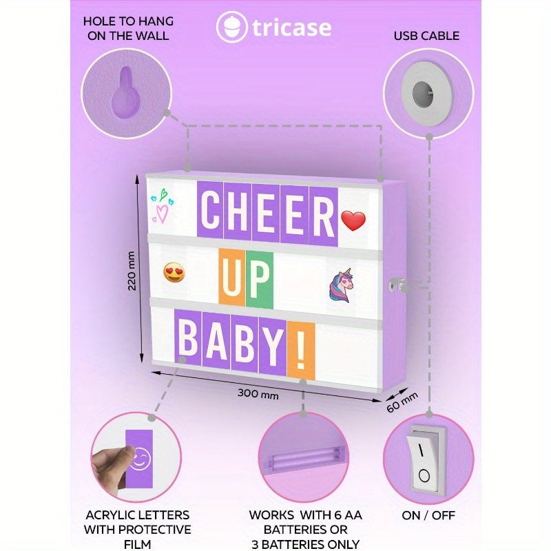 Purple Cinema Light Box with 312 Letters Emojis and 3 Markers Led Light Box sign for Home