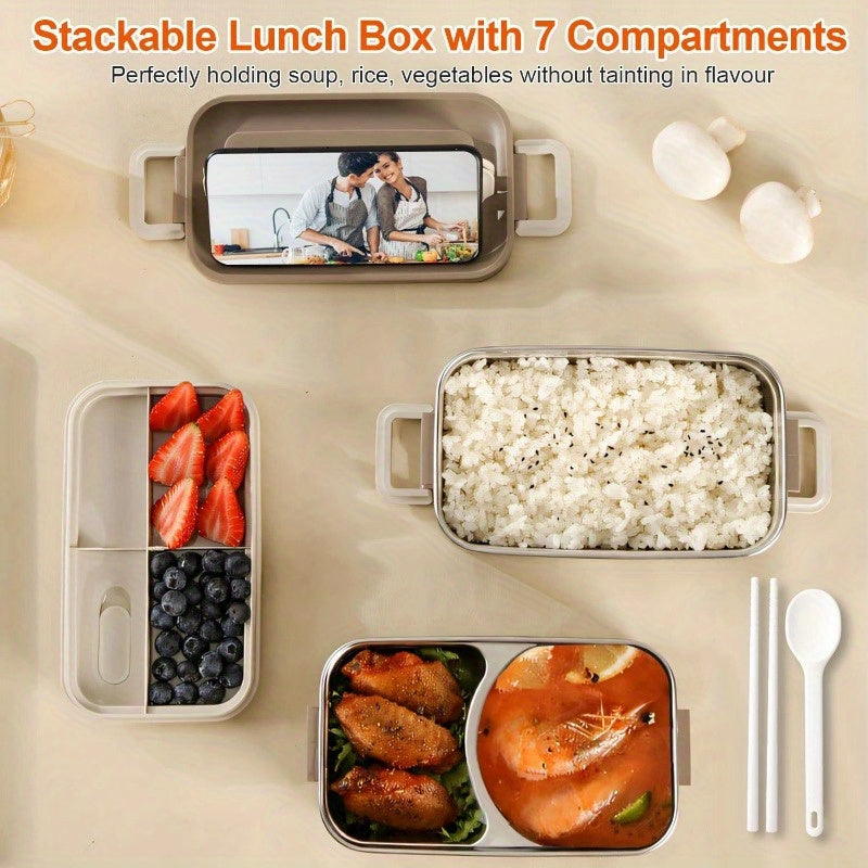 Stackable Bento Lunch Box - 3 Compartment Food Container, Leakproof, Dishwasher & Microwave Safe with Chopsticks and Spoon for Adults & Kids