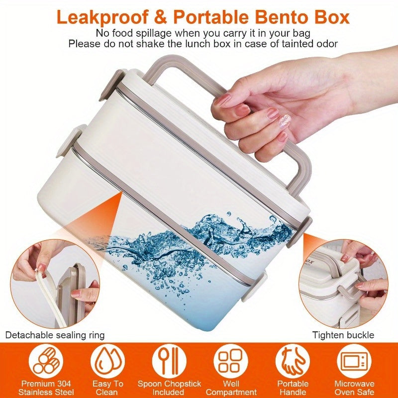 Stackable Bento Lunch Box - 3 Compartment Food Container, Leakproof, Dishwasher & Microwave Safe with Chopsticks and Spoon for Adults & Kids