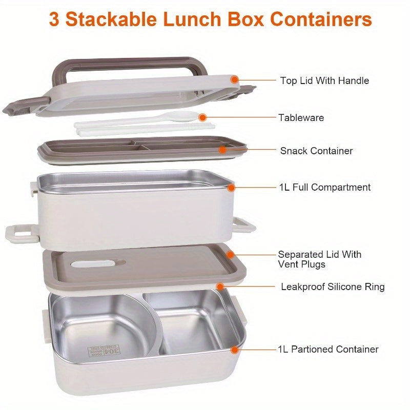 Stackable Bento Lunch Box - 3 Compartment Food Container, Leakproof, Dishwasher & Microwave Safe with Chopsticks and Spoon for Adults & Kids