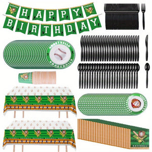 171Pcs Baseball Party Supplies Kit – Disposable Dinnerware Set with Plates, Cups, Napkins, Cutlery & Tablecloths for Baseball-Themed Birthday Parties