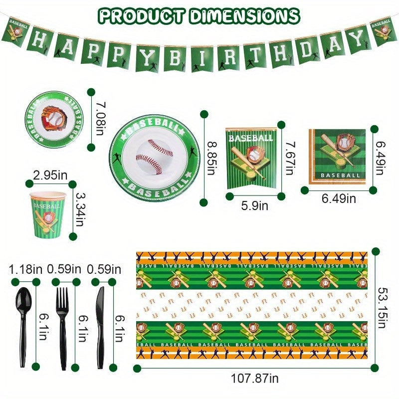 171Pcs Baseball Party Supplies Kit – Disposable Dinnerware Set with Plates, Cups, Napkins, Cutlery & Tablecloths for Baseball-Themed Birthday Parties