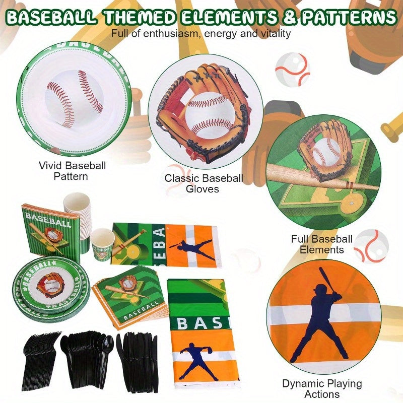 171Pcs Baseball Party Supplies Kit – Disposable Dinnerware Set with Plates, Cups, Napkins, Cutlery & Tablecloths for Baseball-Themed Birthday Parties