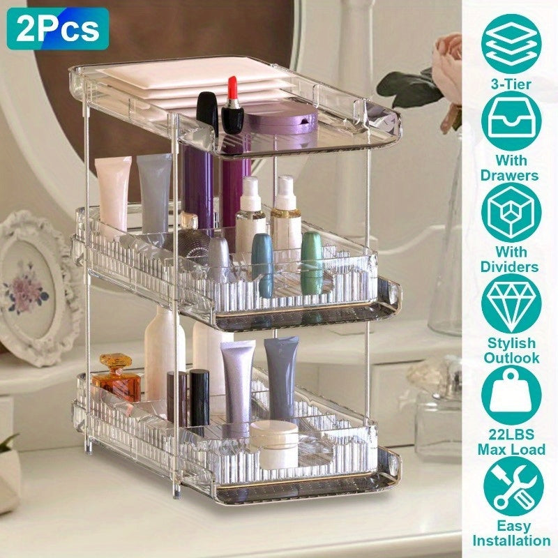 2 Packs 3 Tier Clear Bathroom Organizer with Drawers Dividers Pull-Out Pantry Organization Medicine Bins Slide-Out Storage Container