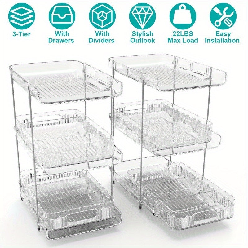 2 Packs 3 Tier Clear Bathroom Organizer with Drawers Dividers Pull-Out Pantry Organization Medicine Bins Slide-Out Storage Container