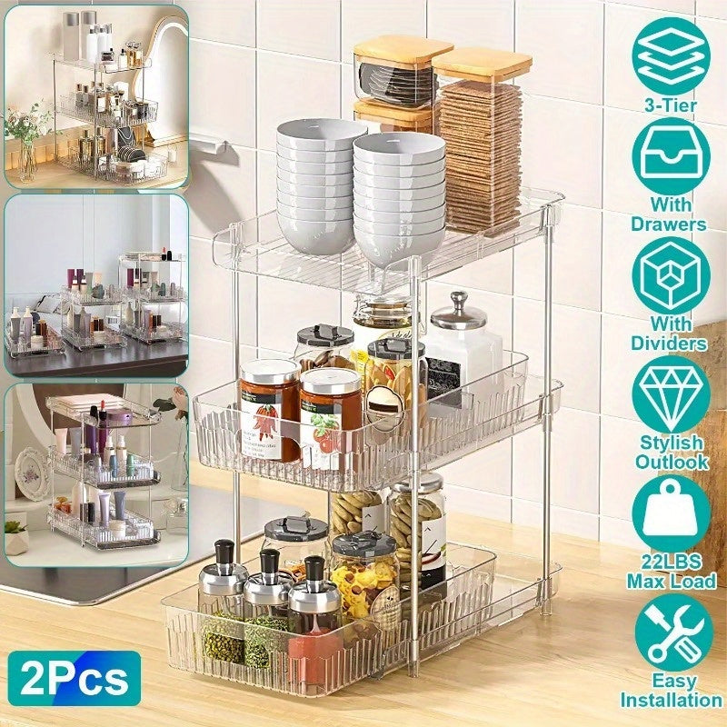 2 Packs 3 Tier Clear Bathroom Organizer with Drawers Dividers Pull-Out Pantry Organization Medicine Bins Slide-Out Storage Container