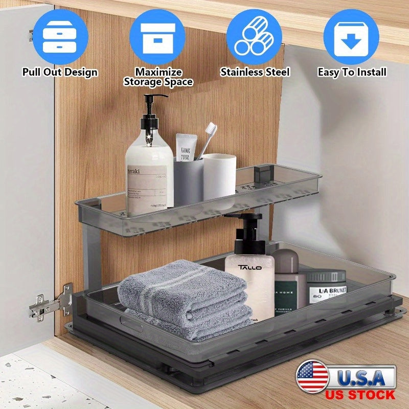 2-Tier Pull Out Under Sink Organizer Cabinet Organizer With Sliding Drawer Tray L-Shaped Slide Out Storage Shelves For Bathroom Kitchen Cabinet