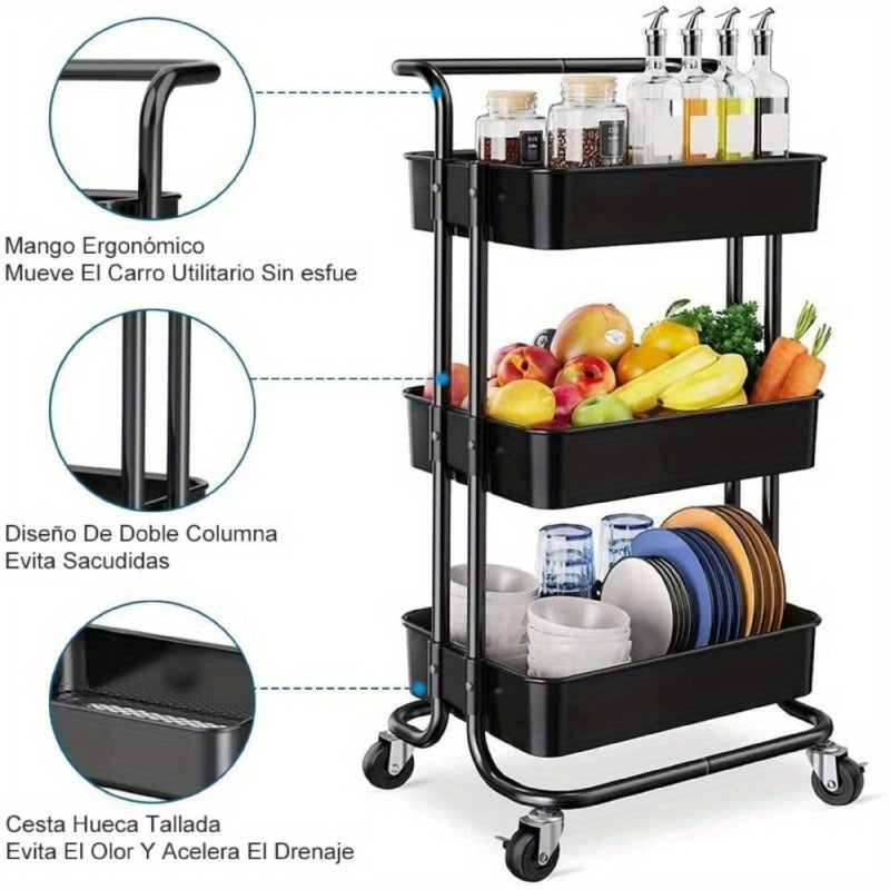 Rolling Metal Trolley with Wheels – Versatile Bathtub Organizer and Tissue Holder, Black, with Handle