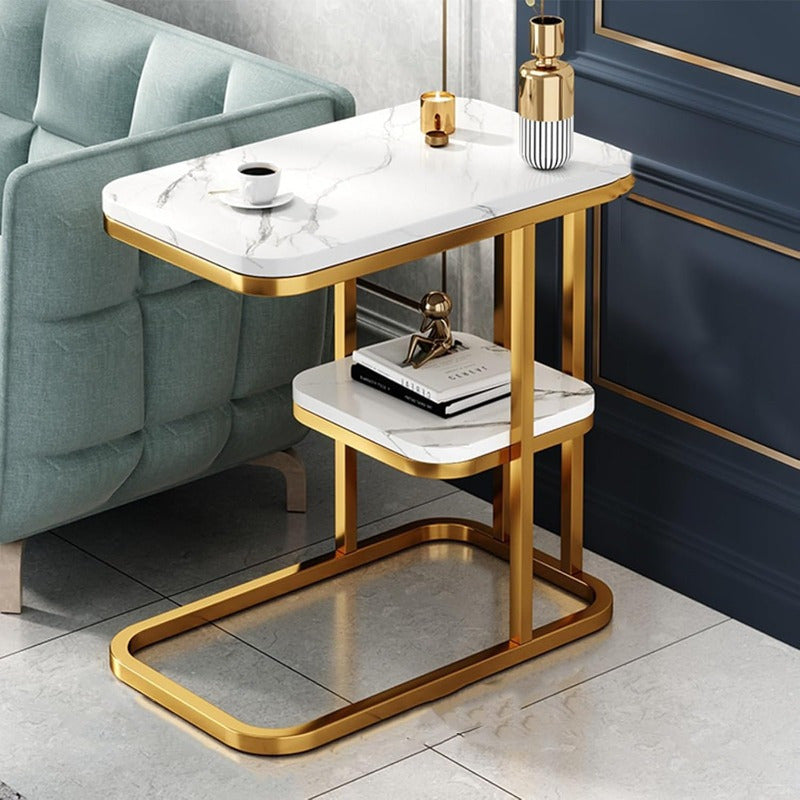 Modern Imitation Marble Side Table 2-Tier Storage Shelf with Gold Metal Frame, Minimalist Small Coffee Table Narrow Snack Couch End Table for Living Room Bedroom Beside (Color : Gold)