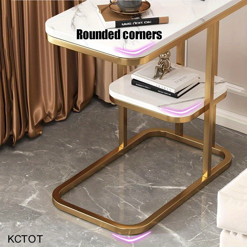 Modern Imitation Marble Side Table 2-Tier Storage Shelf with Gold Metal Frame, Minimalist Small Coffee Table Narrow Snack Couch End Table for Living Room Bedroom Beside (Color : Gold)