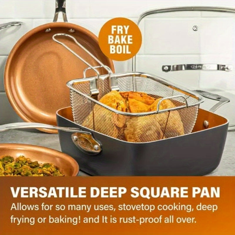 6 Quart XL Nonstick Copper Deep Square All in One 6 Qt Casserole Chef's Pan & Stock Pot- 4 Piece Set, Includes Frying Basket and Steamer Tray, Dishwasher Safe