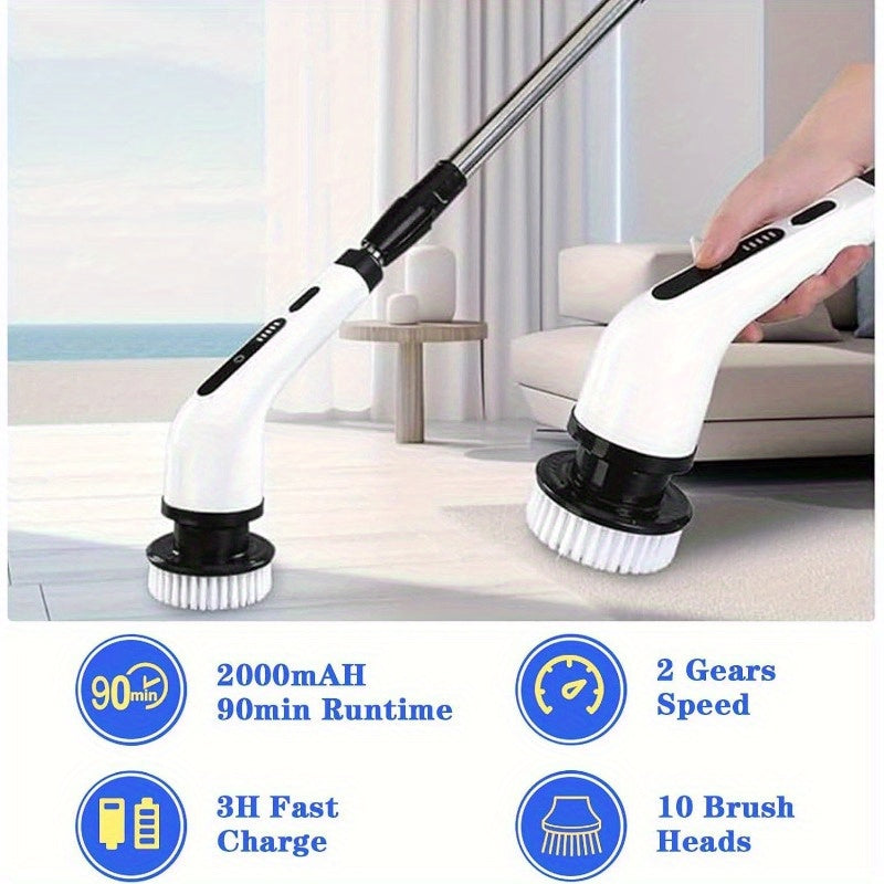 10 in 1 Electric Spin Scrubber, Cordless Scrubber with Adjustable Extension Arm, 2 Speed 10 Replaceable Cleaning Heads, LED display, for Cleaning Bathroom, Floor, Car