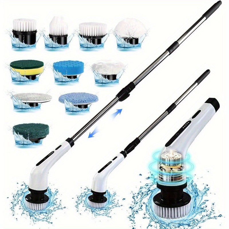 10 in 1 Electric Spin Scrubber, Cordless Scrubber with Adjustable Extension Arm, 2 Speed 10 Replaceable Cleaning Heads, LED display, for Cleaning Bathroom, Floor, Car