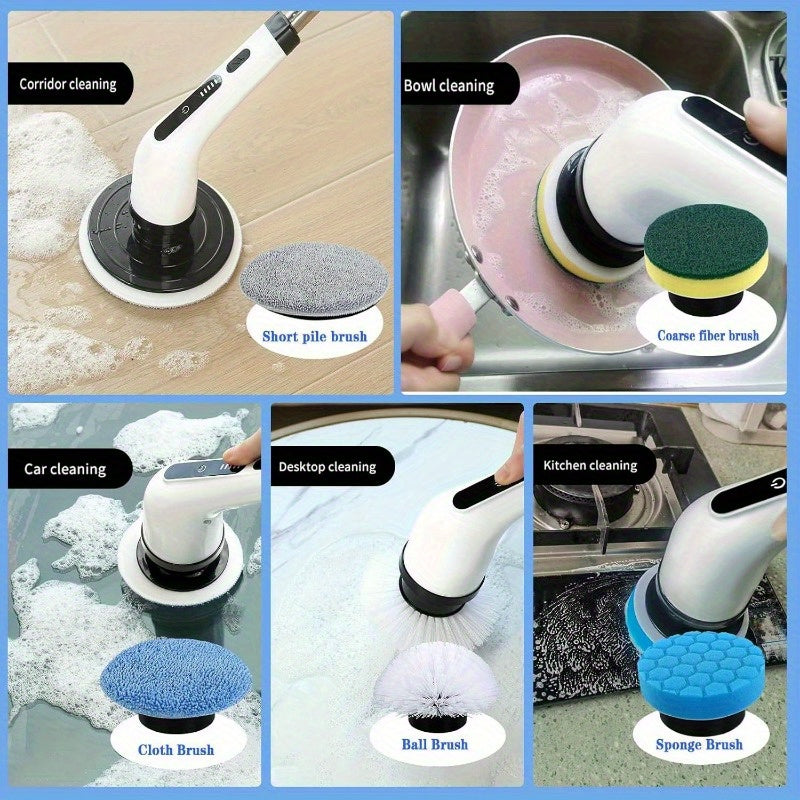 10 in 1 Electric Spin Scrubber, Cordless Scrubber with Adjustable Extension Arm, 2 Speed 10 Replaceable Cleaning Heads, LED display, for Cleaning Bathroom, Floor, Car