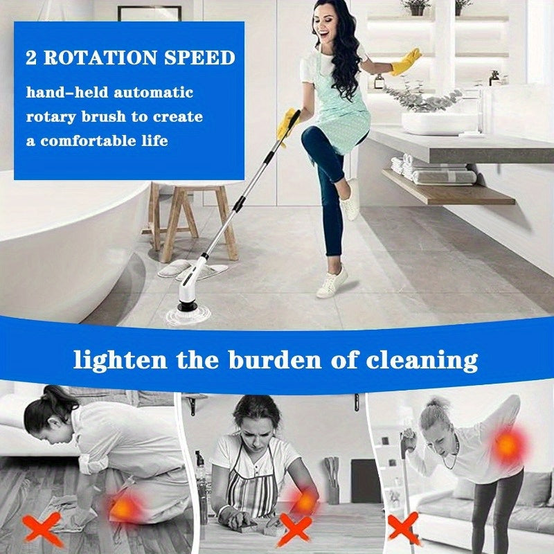 10 in 1 Electric Spin Scrubber, Cordless Scrubber with Adjustable Extension Arm, 2 Speed 10 Replaceable Cleaning Heads, LED display, for Cleaning Bathroom, Floor, Car