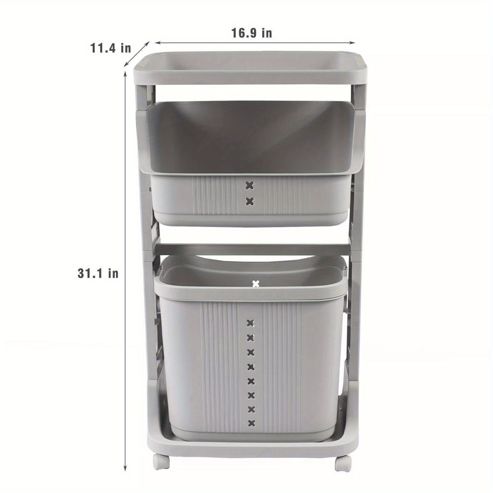 Laundry Basket Plastic Hamper 2-Tier Storage Sorter Hampers with Wheels for Kitchen Bedroom Bathroom Free Standing Storage Baskets Gray