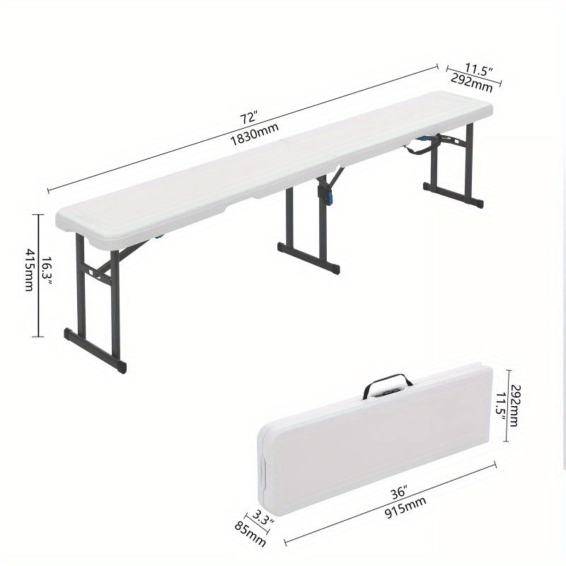 6 Foot Fold-in-Half Bench, Steel Frame, Indoor Outdoor, Includes Carry Handle, White