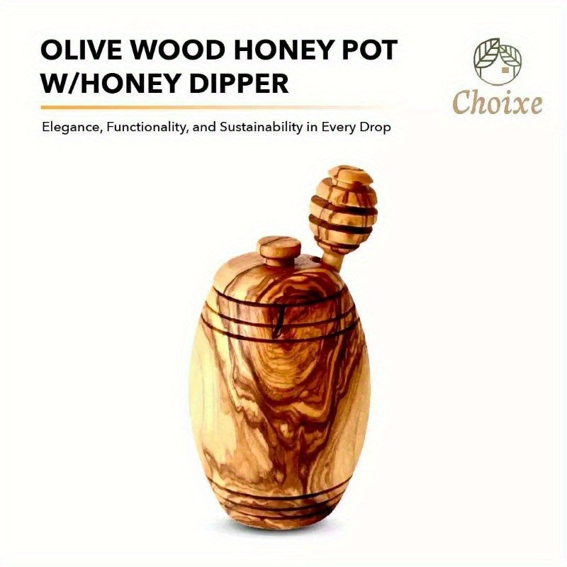 Olive Wood Honey Pot with Honey Dipper - Handcrafted Jar for Storing and Serving Honey | Elegant Kitchen Accessory