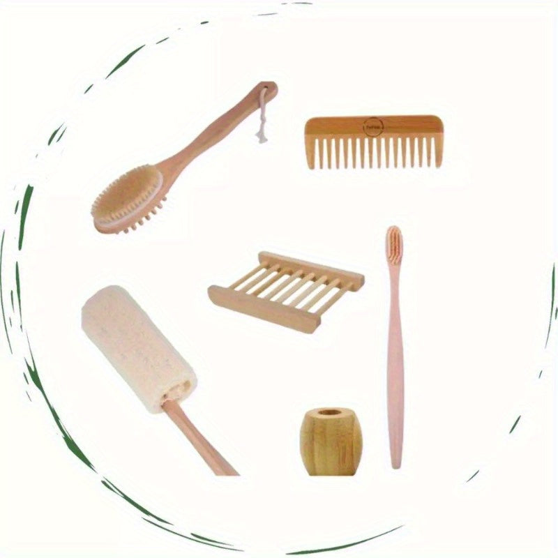 Zero-Waste Bathroom Essentials Bundle - 6-Pack Bamboo Accessories for Sustainable Bathing | Body Brush, Comb, Loofah, Toothbrush & Holder, Soap Tray