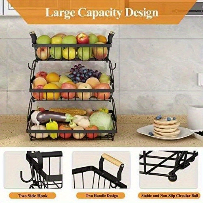 3 Tier Fruit Basket Bowl Farmhouse with Side hooks for Kitchen Countertop, Detachable Metal Bread Fruit Vegetable Storage Basket Stand Holder with Wooden Handle, Black