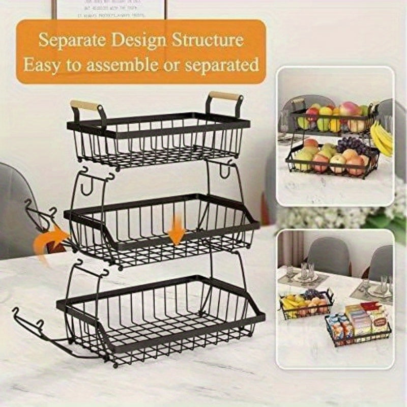 3 Tier Fruit Basket Bowl Farmhouse with Side hooks for Kitchen Countertop, Detachable Metal Bread Fruit Vegetable Storage Basket Stand Holder with Wooden Handle, Black