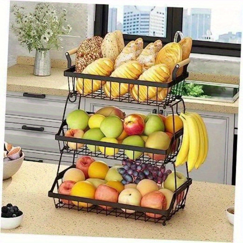 3 Tier Fruit Basket Bowl Farmhouse with Side hooks for Kitchen Countertop, Detachable Metal Bread Fruit Vegetable Storage Basket Stand Holder with Wooden Handle, Black